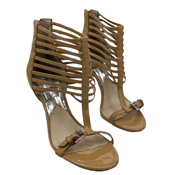 MICHAEL Michael Kors Tan Patent Leather Gladiator Cage Heeled Sandals Size 6 1/2 - Picture 1 of 9